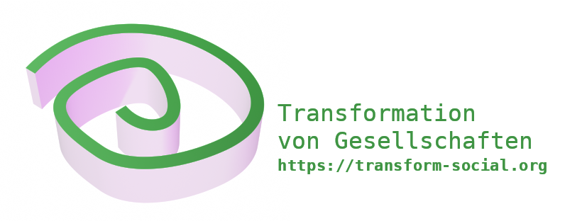 Logo. Dreidimensionale unregelmäßige Spirale in Lila und Grün, die sich nach links dreht. Text: Transformation von Gesellschaften.